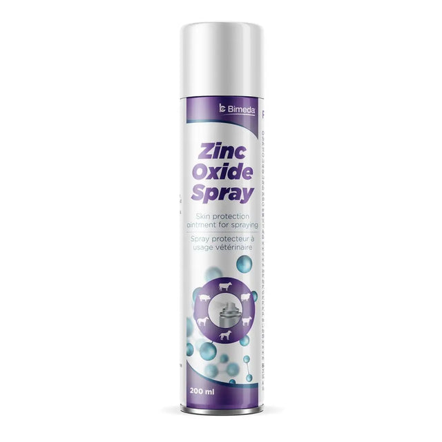 Silver canister of bimeda zinc oxide spray 200 ml with purple and white animal label for skin protection ointment