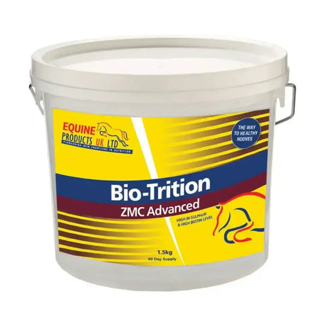 White plastic bucket with vibrant yellow blue and maroon label of bio-trition zmc advanced horse hoof supplements by equine products uk ltd