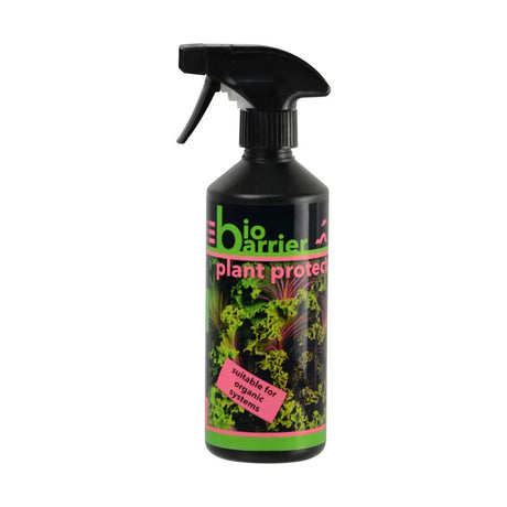 Black biobarrier plant protector spray bottle with green and pink leaf label protects established plants from feeding damage caused pests