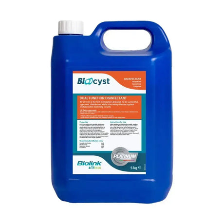 Blue plastic jug with white cap and handle labeled biolink bi-oo-cyst equestrian disinfectant for horses