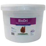 White plastic bucket of biolink biodri super absorbent deodorising powder with enhanced disinfectant properties and chicken label