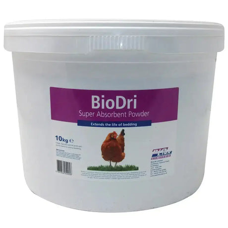 White plastic bucket of biolink biodri super absorbent deodorising powder with enhanced disinfectant properties and chicken label
