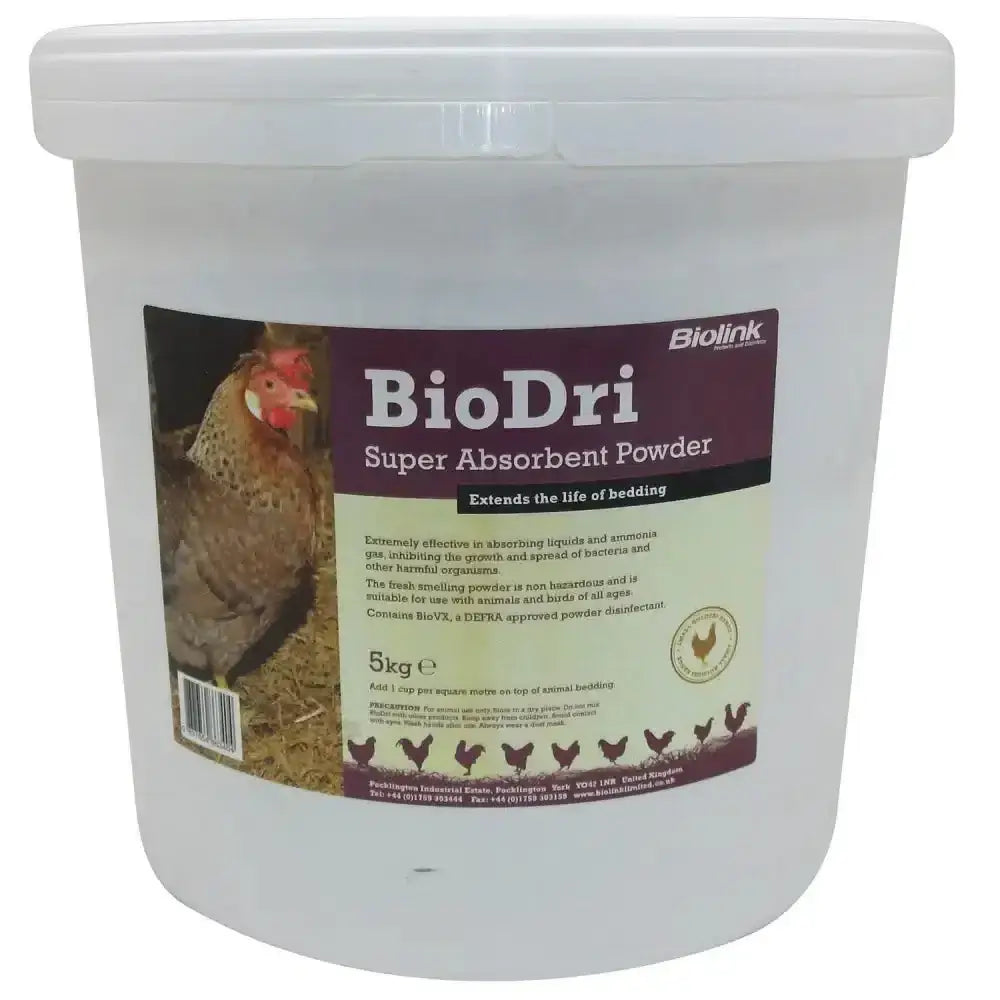 White plastic bucket of biolink biodri super absorbent deodorising powder with enhanced disinfectant properties