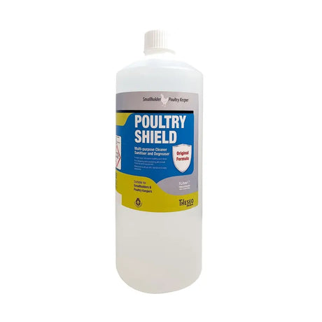 A white plastic bottle of biolink poultry shield cleaner and sanitiser for cleaning livestock housing in organic production systems
