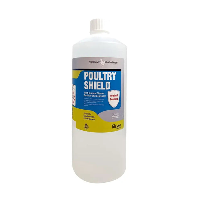 A white plastic bottle of biolink poultry shield cleaner and sanitiser for cleaning livestock housing in organic production systems