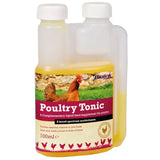 A 100ml transparent plastic bottle of biolink poultry tonic with yellow liquid and white cap for small animal supplies