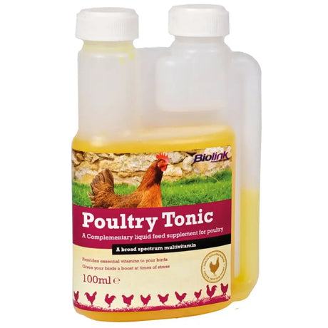 A 100ml transparent plastic bottle of biolink poultry tonic with yellow liquid and white cap for small animal supplies