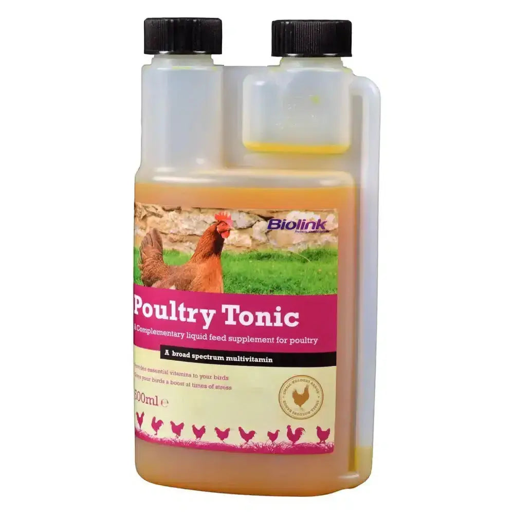 Clear plastic bottle with black cap labeled biolink poultry tonic containing yellowish liquid for small animal supplies