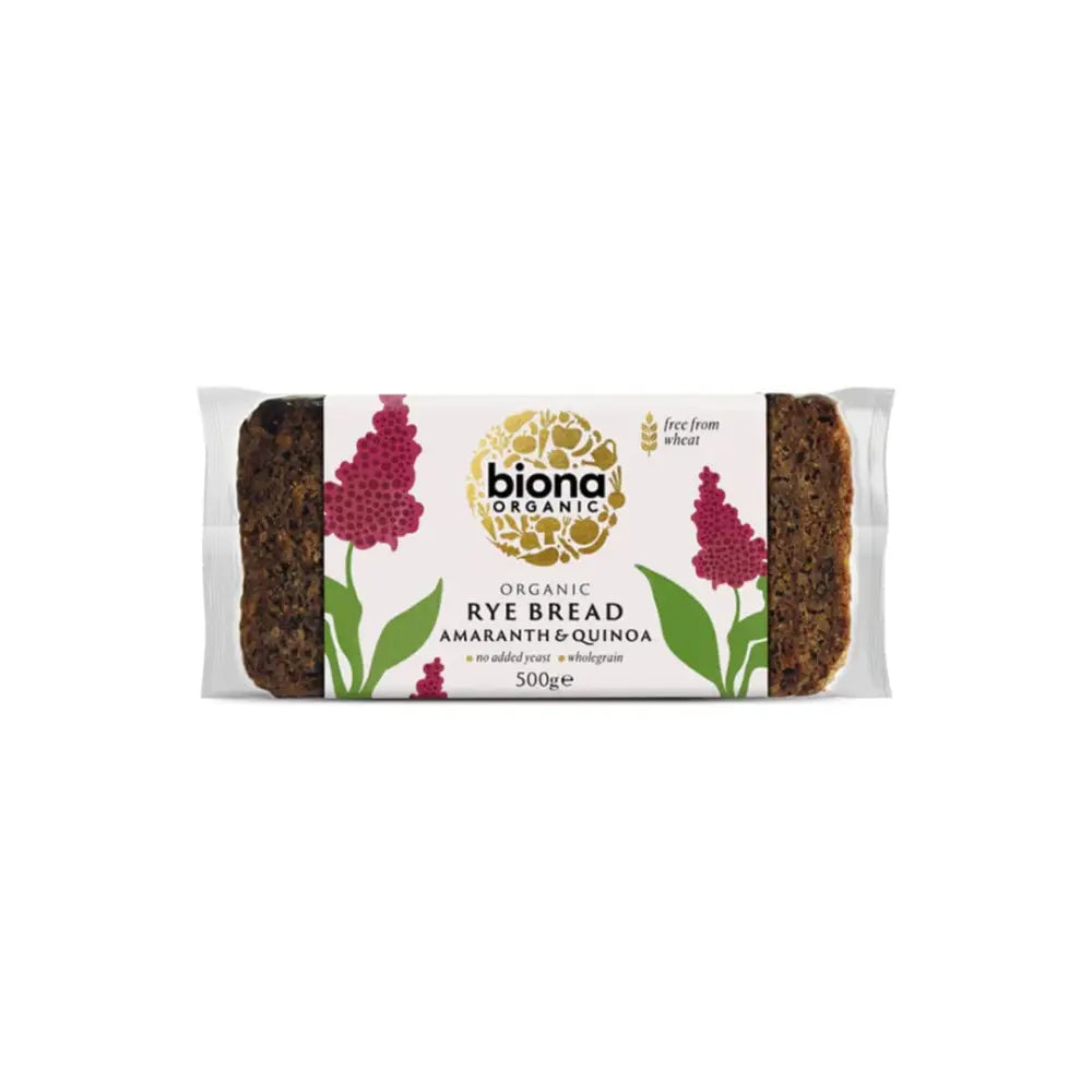 A packaged biona organic rye amaranth quinoa bread loaf with dark brown textured crust and pink floral label design
