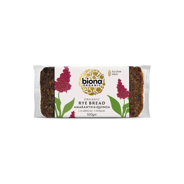 A packaged biona organic rye amaranth quinoa bread loaf with dark brown textured crust and pink floral label design