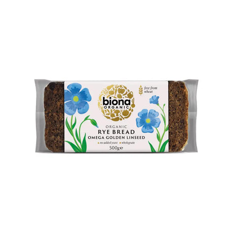 A packaged biona organic rye omega golden linseed bread loaf with blue flower and green leaf design on white label