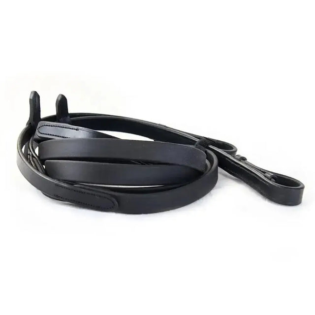 Black biothane smooth grip reins with stitched detailing and polished finish for comfortable horse riding