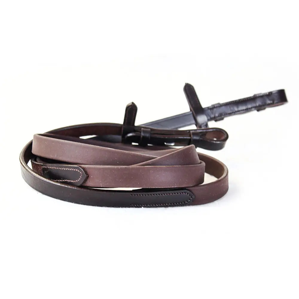 Brown leather biothane smooth grip reins with black metal hardware for better grip and control