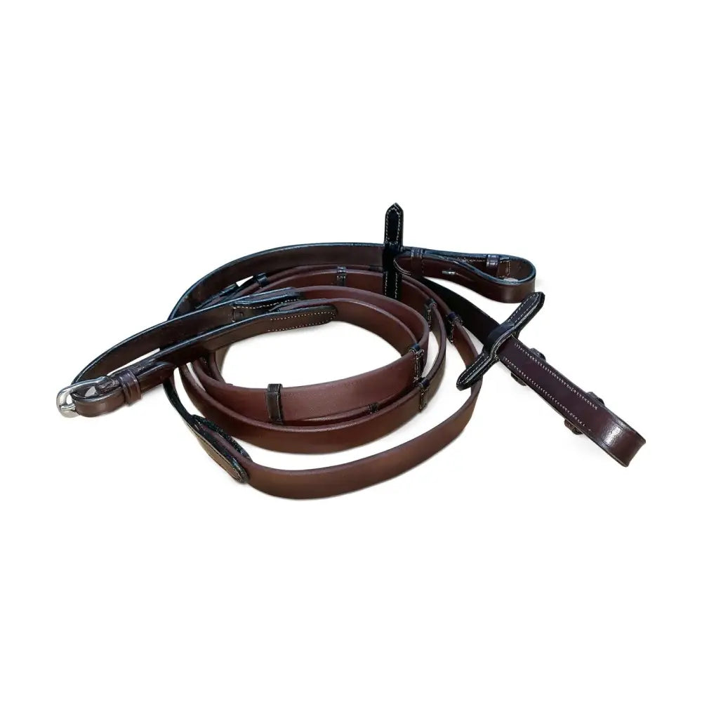Brown leather biothane smooth grip reins havana with black accents and silver hardware featuring stoppers