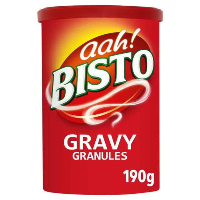 Red cylindrical container of bisto gravy granules 190g perfect for quick and tasty bisto gravy meals