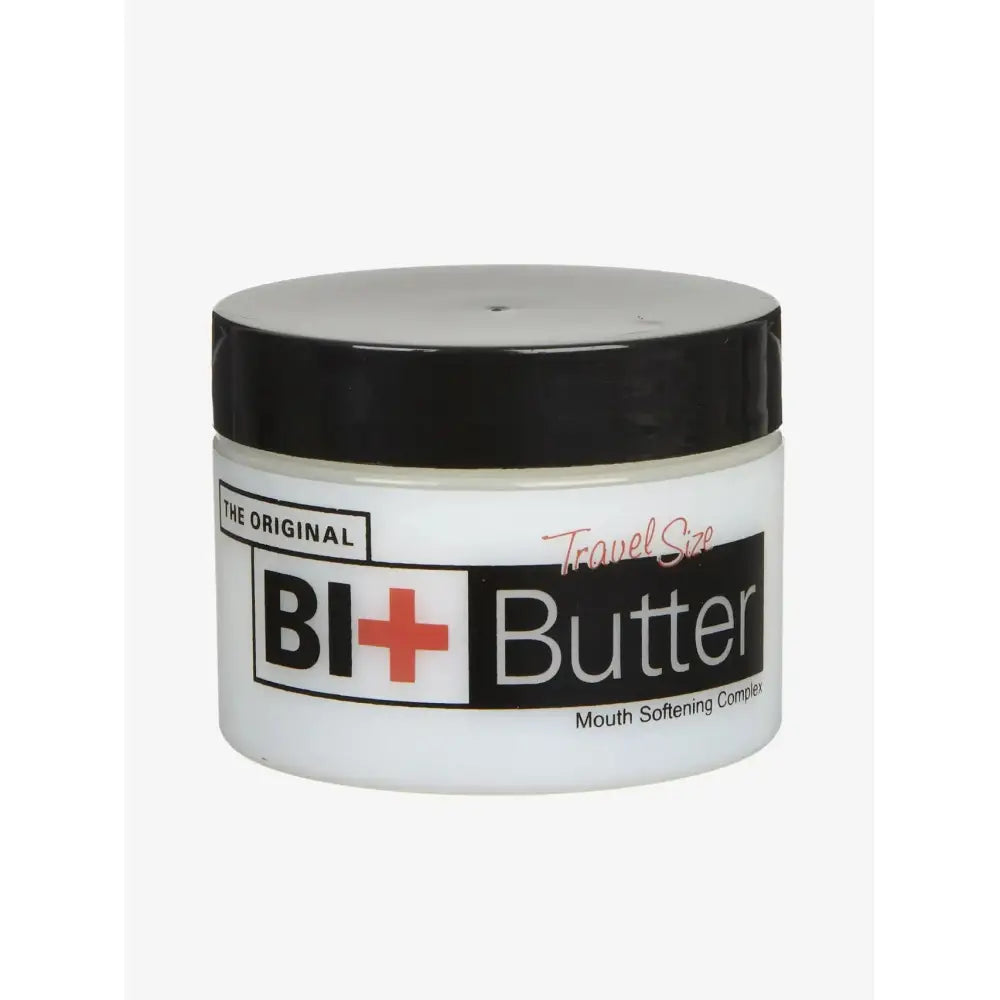 White plastic jar with black lid labeled bit butter travel size mouth softening complex restores feeling for equestrian use
