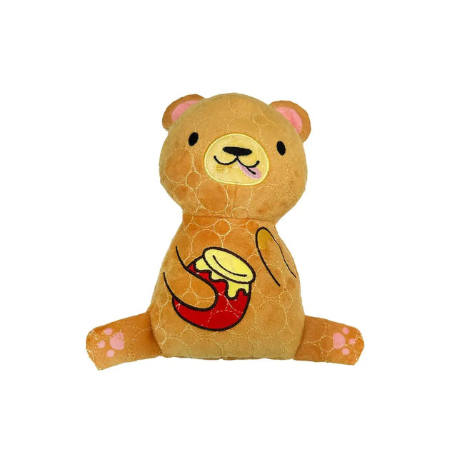 A tan bite force tough plush bear with pink ears and paw pads featuring a red honey pot stitched on its belly