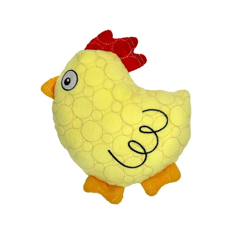A soft yellow bite force tough plush chicken toy with red comb orange beak and feet designed for tough play
