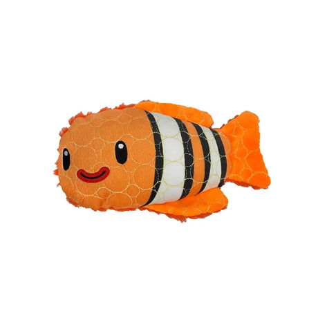 Orange bite force tough plush clown fish toy with black white stripes and fuzzy honeycomb texture