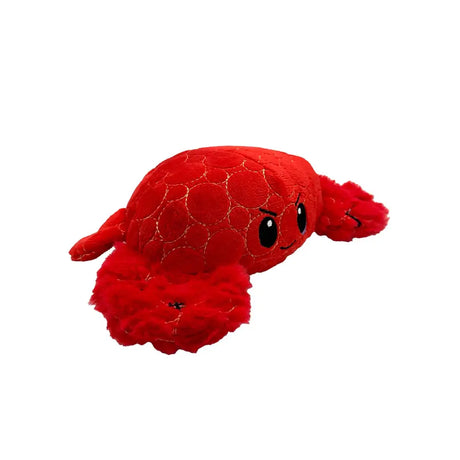 A plush red tough plush crab with a fuzzy textured surface and embroidered black eyes from bite force tough line
