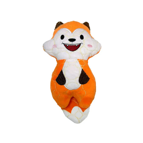 Orange and white bite force tough plush fox toy with black embroidered eyes nose and paw patches durable dog toy