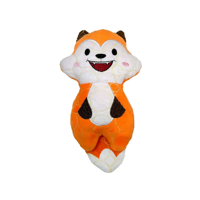 Orange and white bite force tough plush fox toy with black embroidered eyes nose and paw patches durable dog toy
