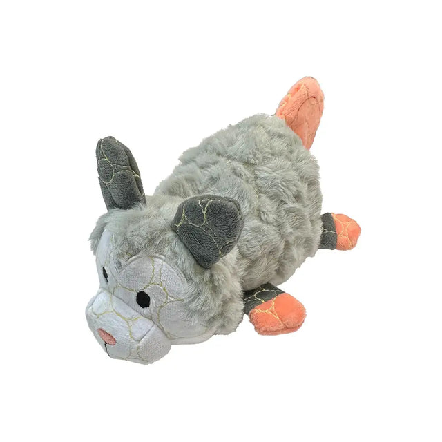 Gray and orange tough plush opossum with cracked textured fabric from the bite force tough plush collection