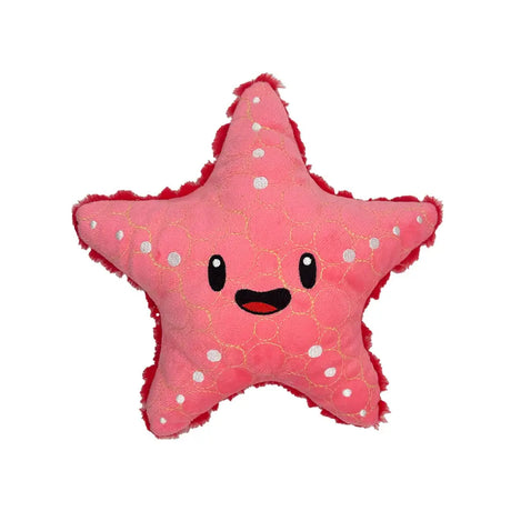 Pink plush starfish pillow with white polka dots and frayed red edge designed for bite force tough play