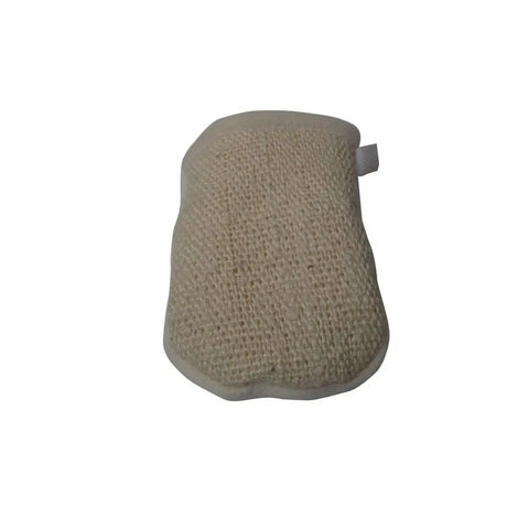 Beige woven sponge body scrubber bitz cactus glove with soft textured surface and small gray tag on the side