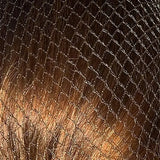 A dark metallic bitz hairnets mesh with a fine diamond pattern covering warm brown hair strands