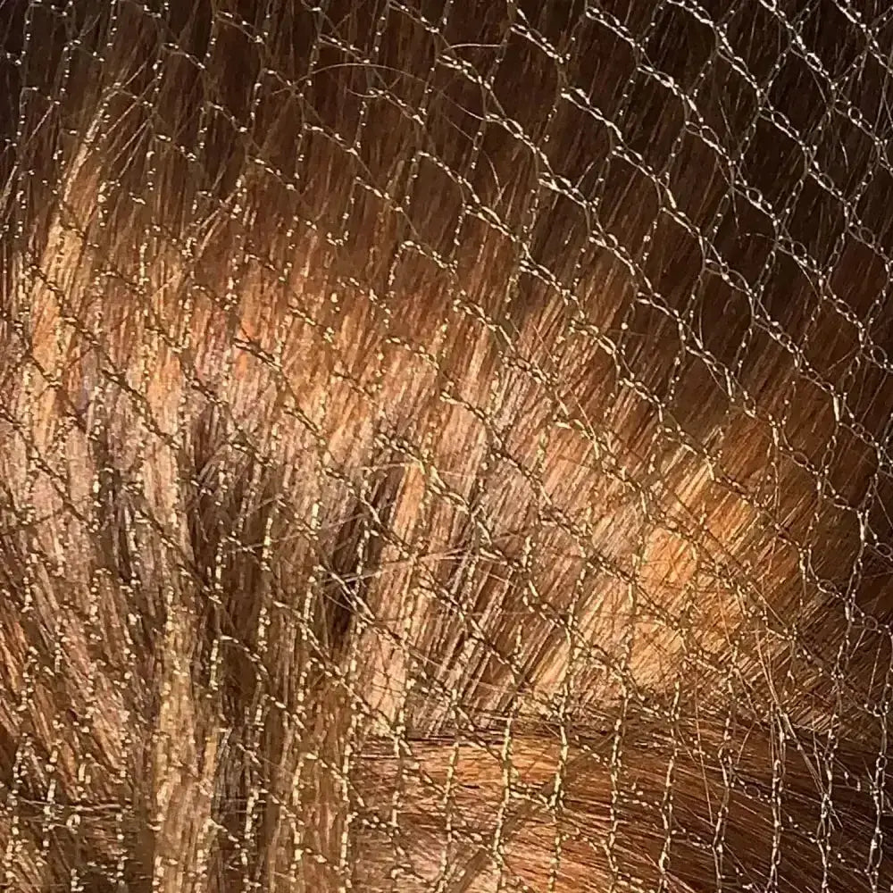 A golden mesh bitz hairnets with fine interwoven wire pattern ideal for standard weight and heavyweight hairnets