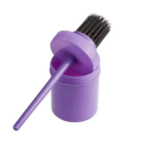 Purple plastic hoof oil brush with black bristles and matching cylindrical case by bitz hoof oil brush