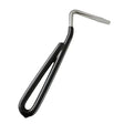 Bitz hoof pick with black vinyl coated handle and silver metal l-shaped head for easy hoof cleaning