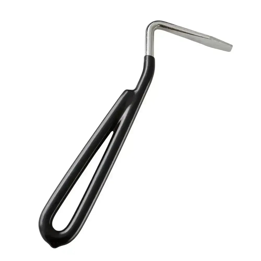 Bitz hoof pick with black vinyl coated handle and silver metal l-shaped head for easy hoof cleaning