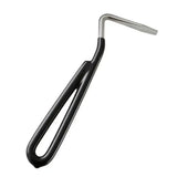 Bitz hoof pick with black vinyl coated handle and silver metal l-shaped head for easy hoof cleaning