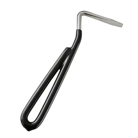 Bitz hoof pick with black vinyl coated handle and silver metal l-shaped head for easy hoof cleaning