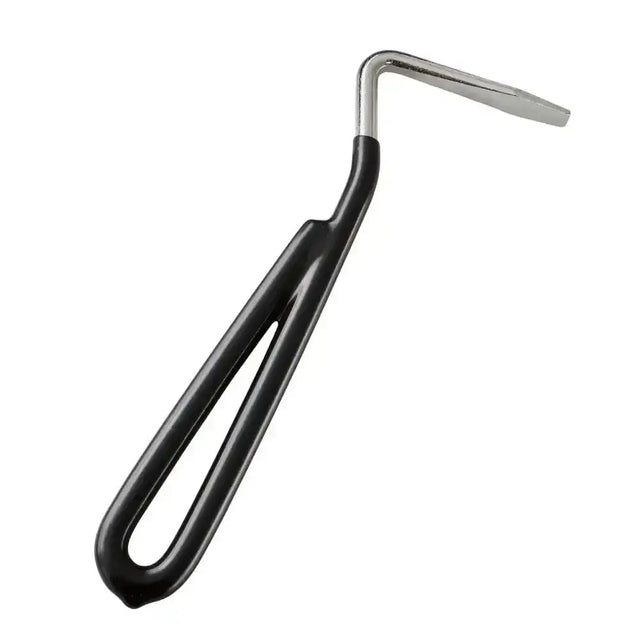 Bitz hoof pick with black vinyl coated handle and silver metal l-shaped head for easy hoof cleaning