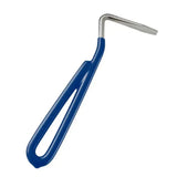 Blue bitz hoof pick with metal flat-ended tip and vinyl coated handle for easy hoof cleaning