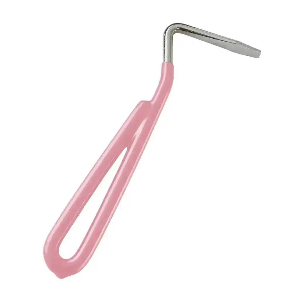 Bitz hoof pick metal with pink vinyl coated handle and l-shaped metallic shaft for easy cleaning