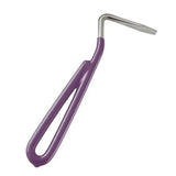 Purple bitz hoof pick with metal head and vinyl coated handle for easy cleaning and durability