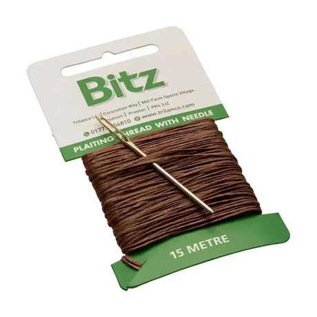 Brown plaiting thread with needle on bitz plaiting card for easy crafting and threading projects