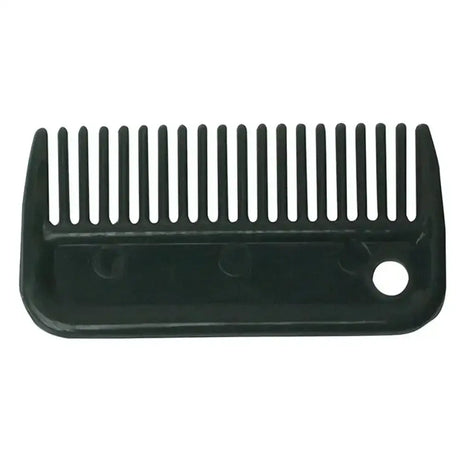 Black bitz plastic mane comb with evenly spaced teeth and rounded handle with hole ideal multi purpose comb