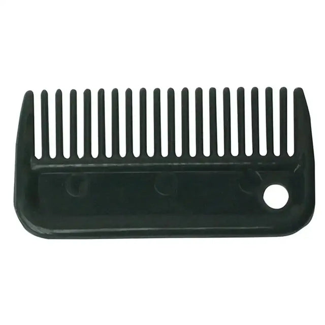 Black bitz plastic mane comb with evenly spaced teeth and rounded handle with hole ideal multi purpose comb