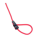 Red elastic cord with black plastic bitz quick clip featuring an ingenious quick release tether design