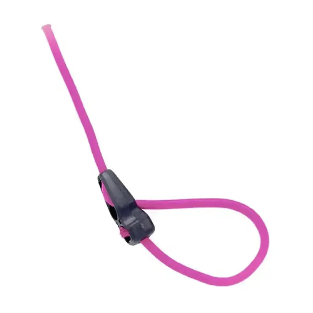 A vibrant pink elastic leash with a black plastic clip from bitz quick clip featuring an ingenious quick release tether