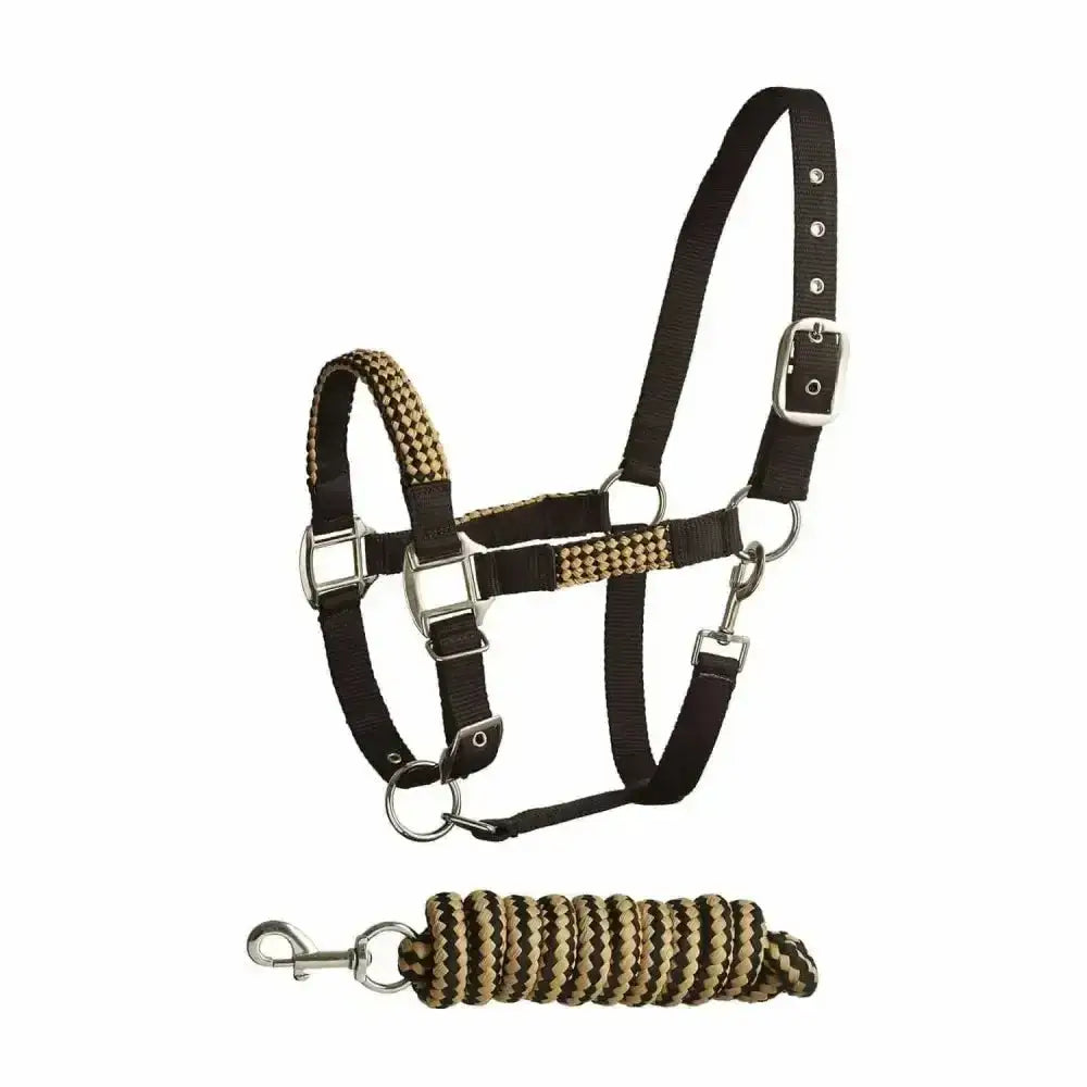 Black horse soft handle two tone headcollar with tan woven accents and matching braided headcollar lead rope