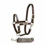 Brown leather soft handle two tone headcollar with black and white houndstooth accents and matching braided lead rope
