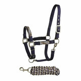 Navy blue soft handle two tone headcollar with silver hardware and rhinestones paired with braided lead rope