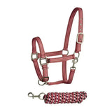 Maroon reflective bitz stripe two tone headcollar with silver hardware and matching braided lead rope for horses