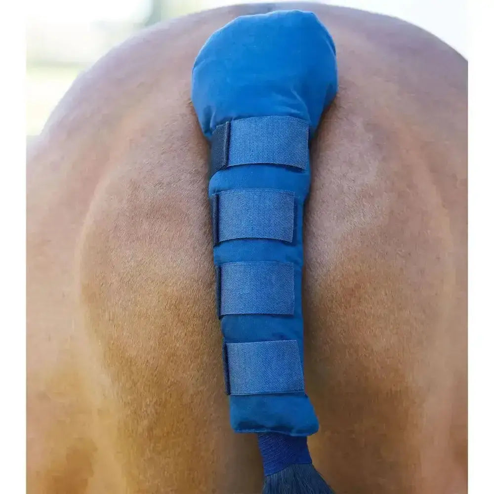 Blue bitz tail guard padded with velcro tabs featuring adjustable straps for secure horse tail protection